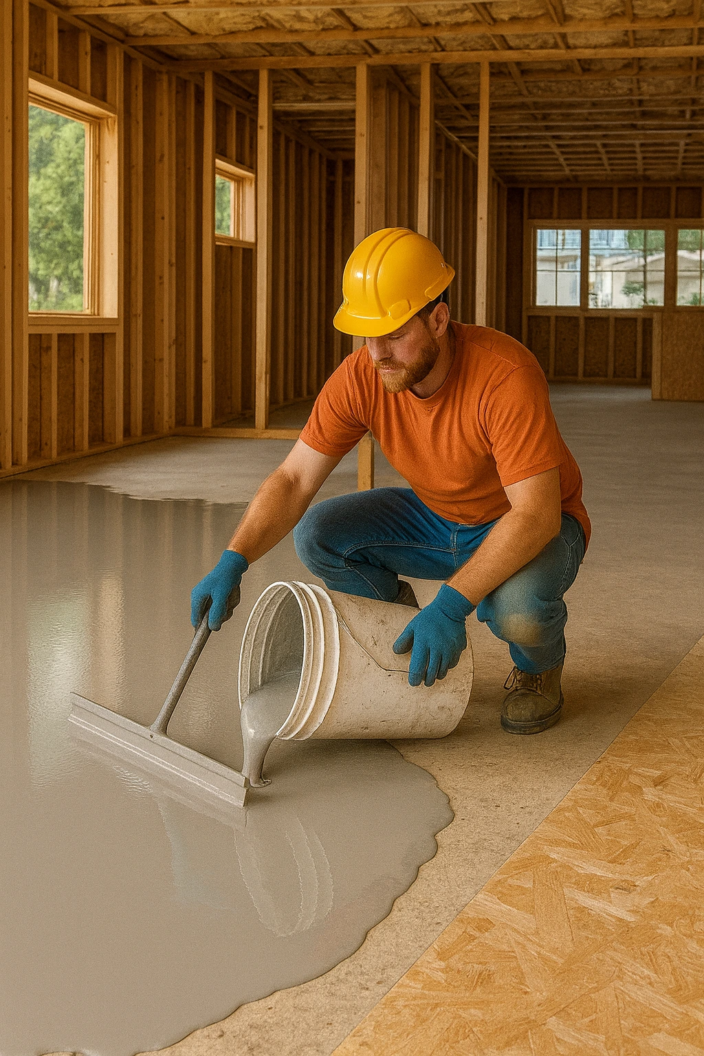 Self-leveling concrete installed on a luxury home project floor by R Builders in Los Angeles