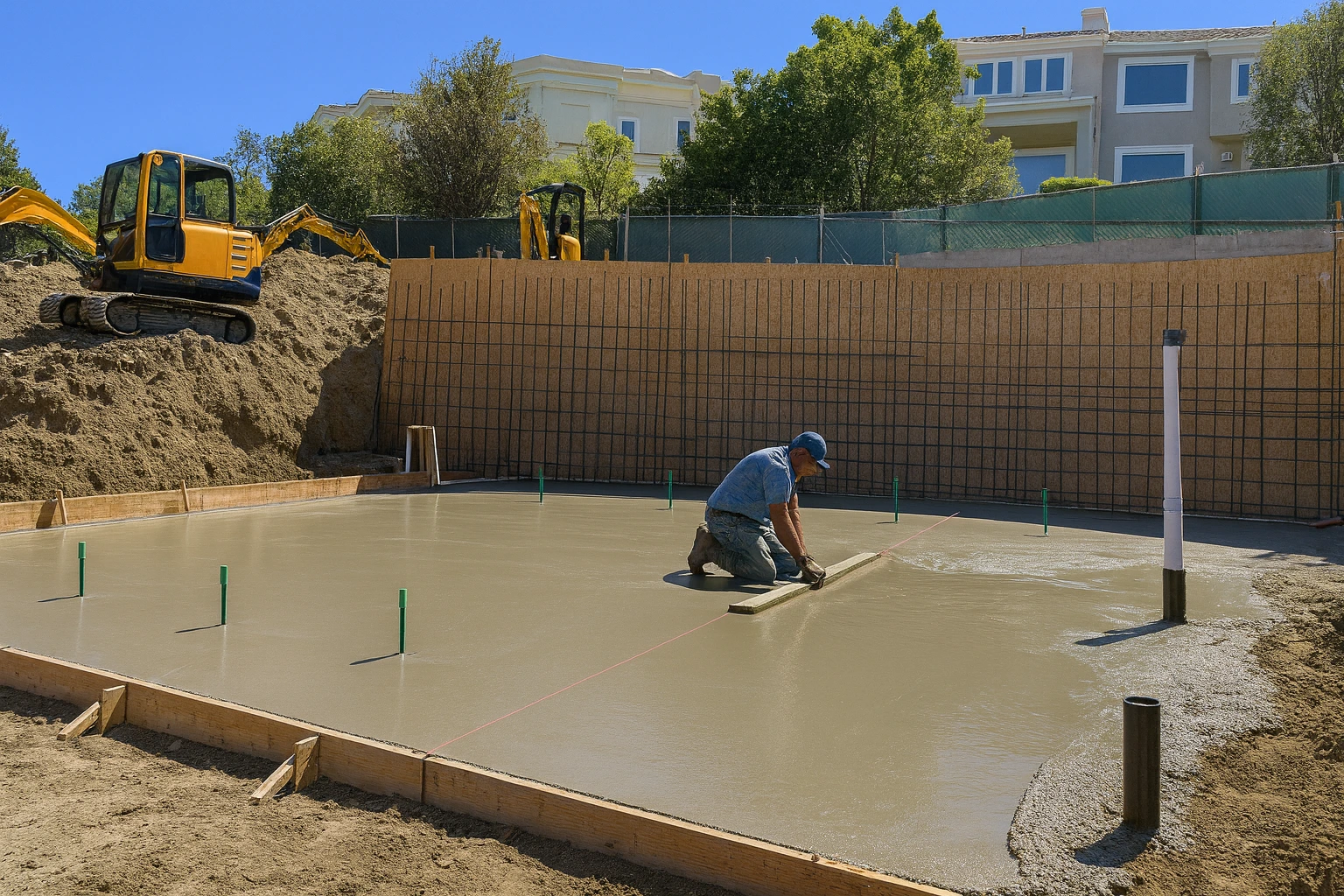 Concrete slab foundation being poured on a commercial design-build project by R Builders in Los Angeles