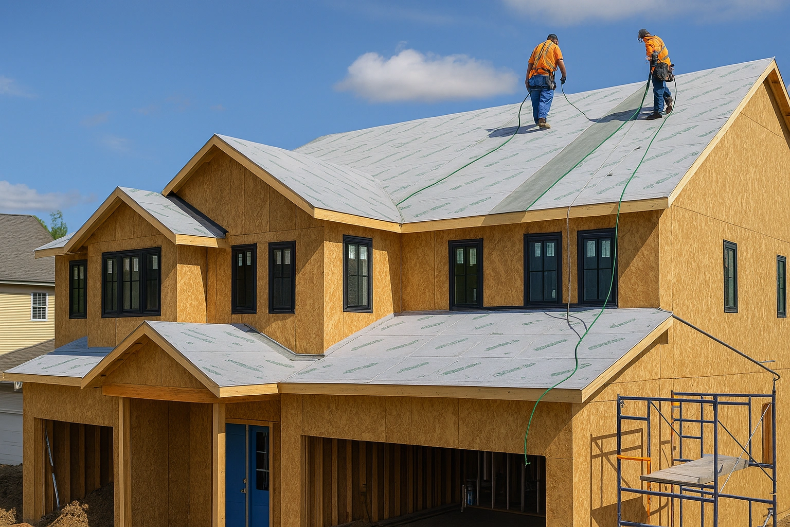 Roofing crew installing a roofing system on a Los Angeles commercial design project by R Builders