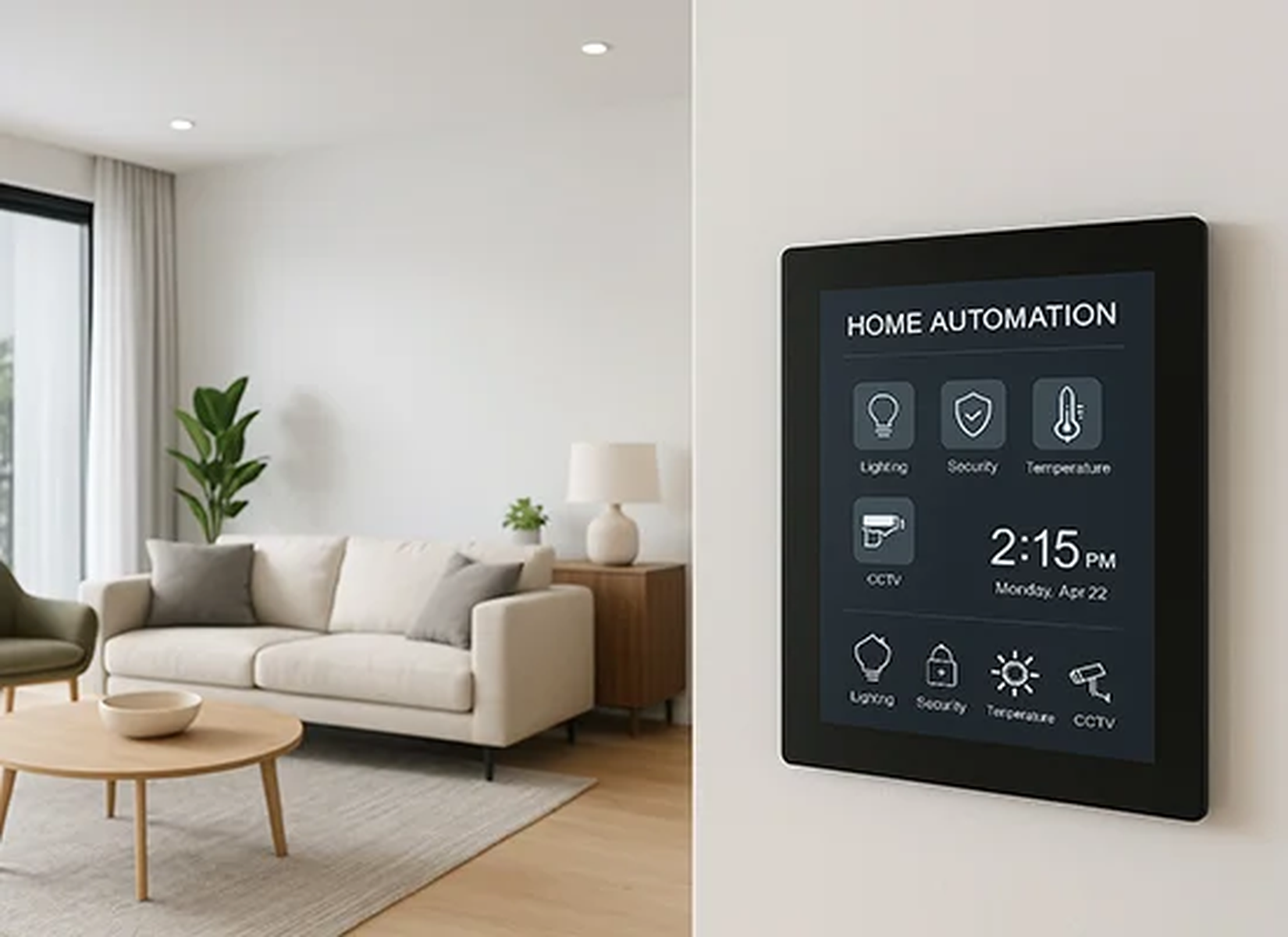 Wall-mounted smart home automation interface controlling lighting, security and climate